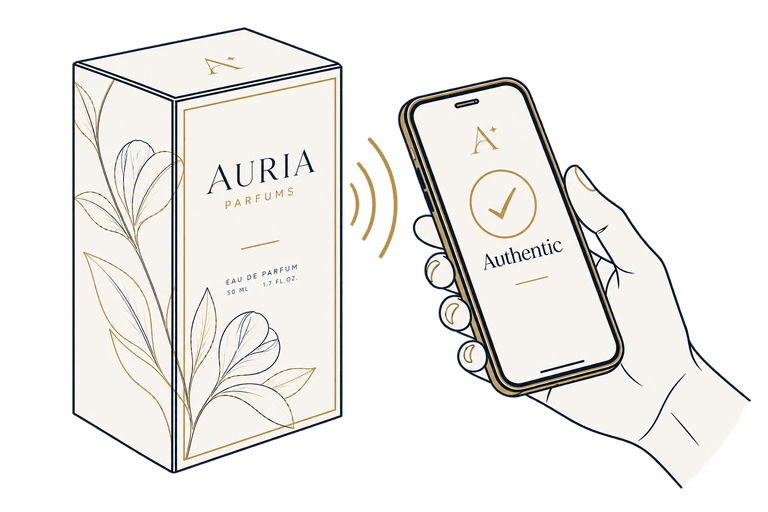 A perfume carton and a phone held beside it, the screen reading Authentic.