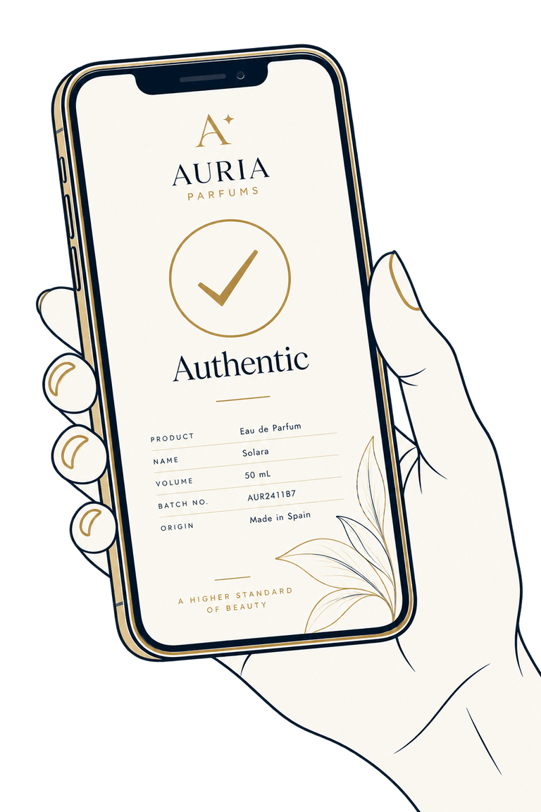 A phone screen confirming a product as authentic, with its details listed.