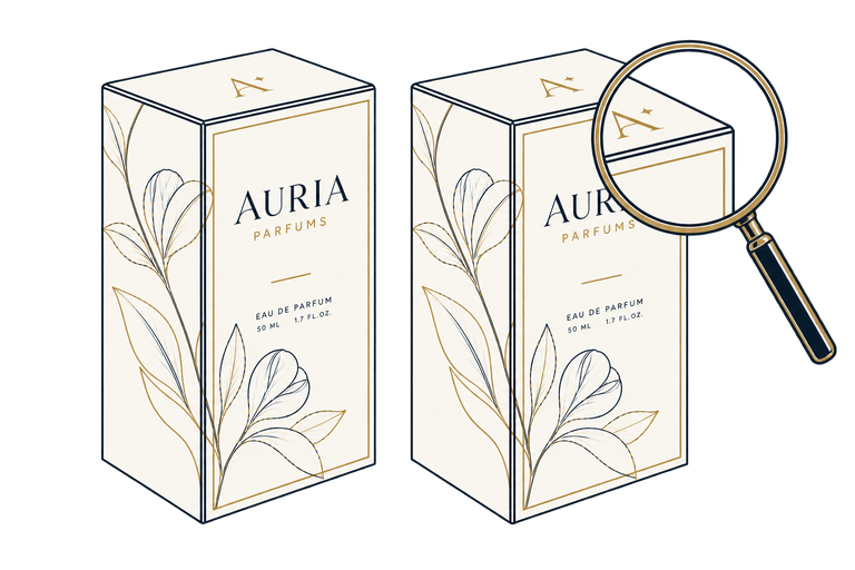 Two identical perfume cartons side by side, one of them under a magnifying glass.