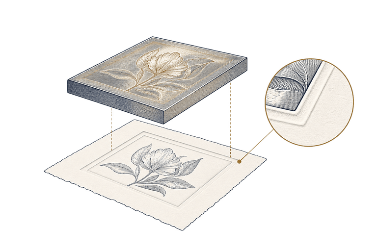 An intaglio printing plate above a sheet of paper, with a detail showing the ridge the plate presses into the paper.