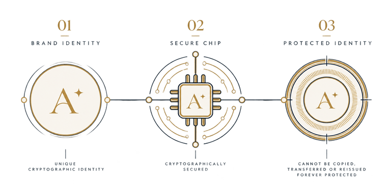 A three-stage diagram: a brand's unique cryptographic identity, sealed into a secure chip, giving an identity that cannot be copied, transferred or reissued.